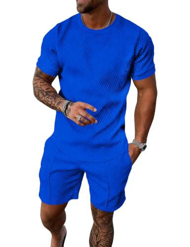 FcuteL Mens Track Suits 2 Piece Set T Shirts Shorts Sets Fashion Retro Textured Sweatsuit Vacation Cruise Outfits Blue XX-Large
