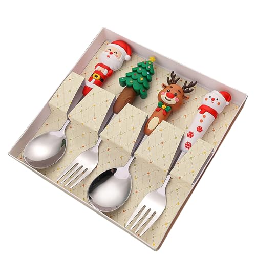 Set di stoviglie natalizie | Set di forchette e cucchiai per antipasti natalizi, 4 posate da cucina in acciaio, utensili per antipasti natalizi