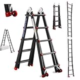 TEENO Escalera de Aluminio Multifunción 5.1 M| 5x5 Peldaños| Escalera Telescópica 5 en 1 con Desmontable Ruedas y Base Triangular Reforzada| Carga Máxima 150 kg, Negro