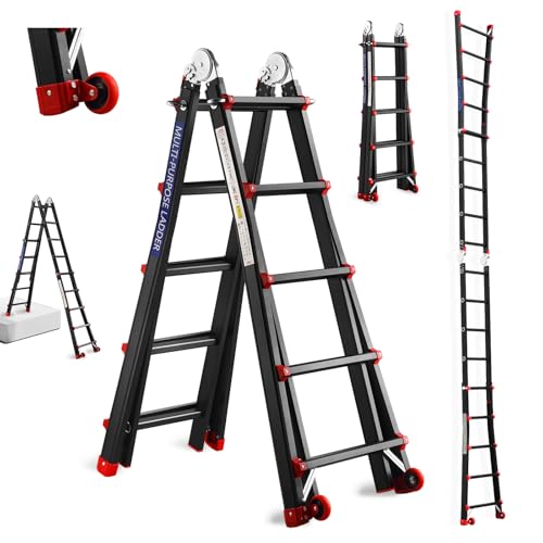 TEENO Scala Pieghevole Multifunzione 5,1 m, Scala telescopica con 2 Rimovibile Ruote e Base Rinforzata Triangolare, 5x5 Gradini, Carico 150KG, Nero