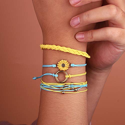 Fancy Shiny Sunflower String Bracelet Handmade Braided Rope Charms Boho Surfer Bracelet For Teen Girls Women(Yellow) #TOP2