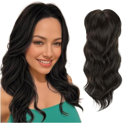 Adancyler Hair Topper for Woman, 20 inch Long Wavy Curly Hair Toppers for Woman with Thinning Hair Black Brown Synthetic Wig Clip In Hair Topper Wiglets with Fringe Bang Add Hair Volume Cover