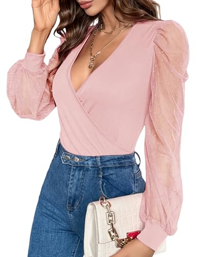 Fayenne Womens Mesh Long Sleeve Shirts Deep V Neck Tops Cross Wrap Sexy Tops Polka Dot T Shirt 2023 Casual Blouses Pink