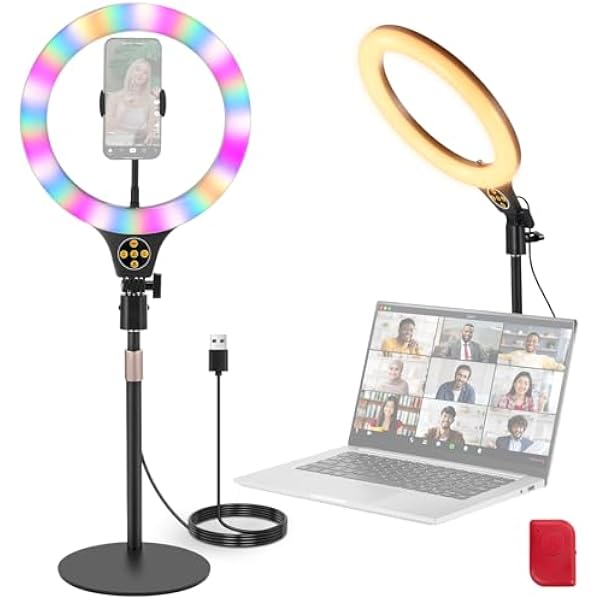 NEEWER Entry Level lampa pierścieniowa RGB z podstawką stołową, uchwytem na telefon komórkowy, kompatybilna z pilotem zdalnego sterowania iPhone, 10 W CRI85+ LED światło wideo do TikTok YouTube