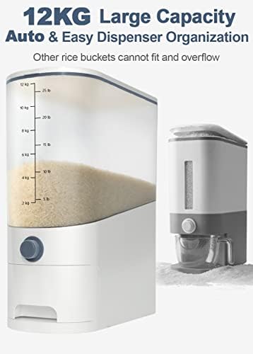 12KG Rice Dispenser, Magic Grain Buffet Kitchen Tool, Large Sealed Rice Storage Container With Measuring Jug, Food Auto & Easy Dispenser Organization For Rice, Beans, Whole Grain, Short Dry Food