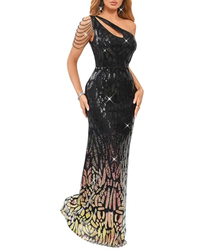 Image of Cololura Women Sequin Elegant Sexy One Shoulder Tassel Mermaid Bodycon Cocktail Evening Dress