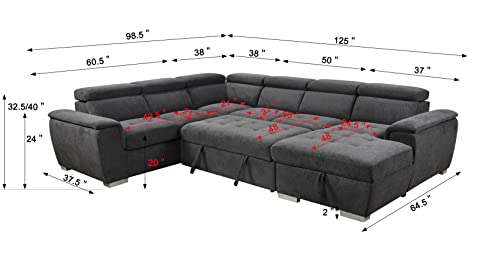 THSUPER 125'' U Shaped Sectional Sleeper Sofa Couch with Pull Out Bed, Storage Chaise Lounge, and Adjustable Headrest, U Shaped Sectionals Couches for Living Room. Dark Grey