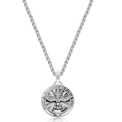 VENICEBEE® Best Holy Spirit Dove Veni Sancte Spiritus Christian Sacramental Sacred Heart Jesus Love, Solid 925 Sterling Silver Pendant Necklace + Velvet Pouch, Polishing Cloth, Fine Gift Box2