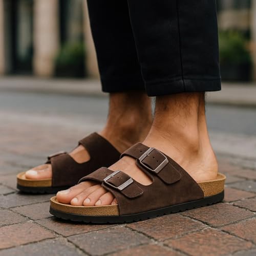 Image of Men Suede Leather Sandals | Cushioned Footbed | Comfortable | Casual Slip-on Slippers