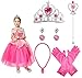 JORAKI Prinzessin Zubehör Set mit Handschuhe Pfirsichherz Krone Zauberstab Halskette Ohrring,Schmuck-Dress-Up Spielzeug Set für Kinder Mädchen Party Pageant Cosplay Karneval Halloween (Pink)