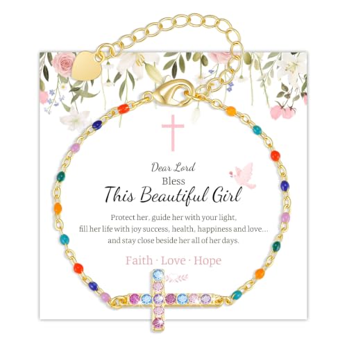Cross Bracelet for Girls, 14K Gold Plated Christian Jewelry, Colorful Beads - image 1