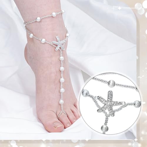 Cosweet 2 Pairs Barefoot Sandals- Beach Anklet Chain with Starfish for Women Lady's Beach Wedding Foot Jewelry Party Accessories (rhinestone+seastar) - Thumbnail 3