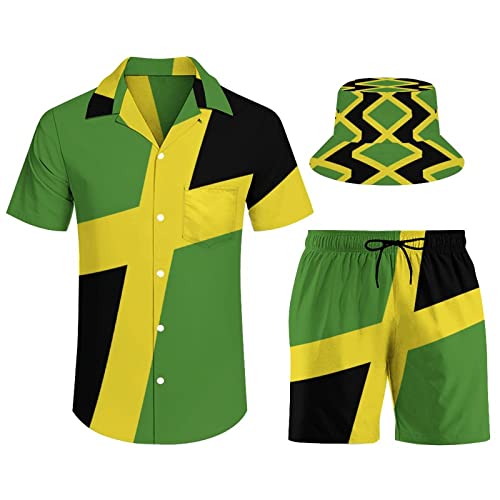 TAIZIYEAH Jamaican Flag Men's Beach Suit 3 Piece Loose Turn Collar Short Sleeve Casual Shirt Top Blouses Sunhat Beach Shorts XS