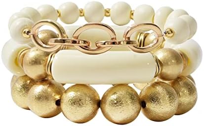 Gold Plated Beaded Acrylic Bamboo Tube Bangle Bracelets for Women, Colorful Chunky Curved Tube With Gold Pieces Beads Stretch Bracelet Friendship Summer Beach Jewelry (A-Ivory-gold beaded 3pcs)