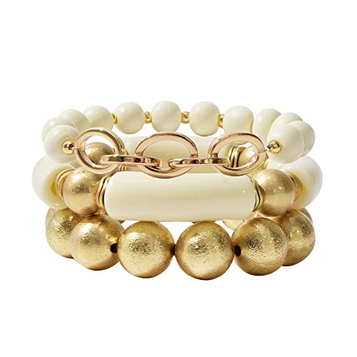 Gold Plated Beaded Acrylic Bamboo Tube Bangle Bracelets For Women, Colorful Chunky Curved Tube With Gold Pieces Beads Stretch Bracelet Friendship Summer Beach Jewelry (A-Ivory-Gold Beaded 3Pcs) #TOP25