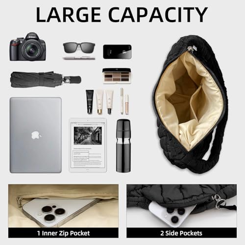 Image of Puffer Quilted Shoulder Bag Large Puffer Tote Bag for Women,Hobo Quilted Tote Bag Crossbody Shoulder Handbags Puff Purse
