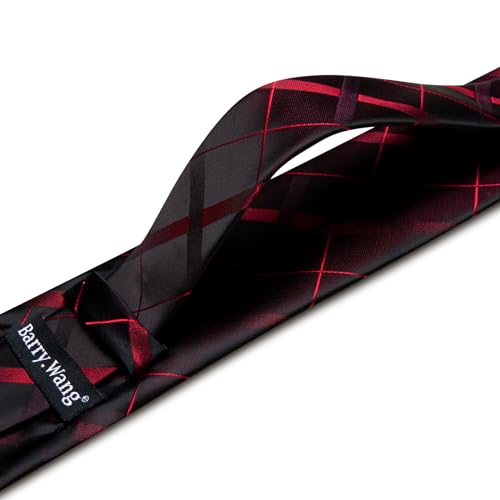Image of Barry.Wang Plaid Ties for Men Silk Necktie Handkerchief Cuff Links Set