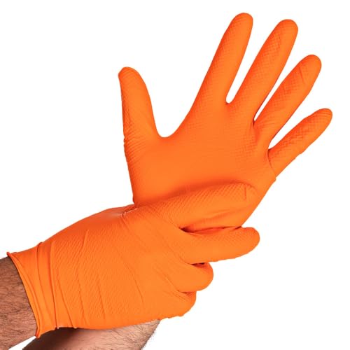 50 Stück Hygostar Nitrilhandschuhe Power Grip | puderfrei, Packung, orange, 11/XXL, L: 24cm, Einweghandschuhe, Mechaniker, Latexfrei, Fischschuppen-Struktur