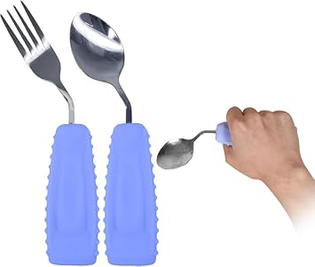 Adaptive Utensils Angled Spoon and Fork for Hand Tremors Parkinsons,Weighted Utensils with Non-Slip Easy Grip Handles for Independent Eating 1pcs Spoon+1pcs Fork=2 pcs,Purple,Right Hand