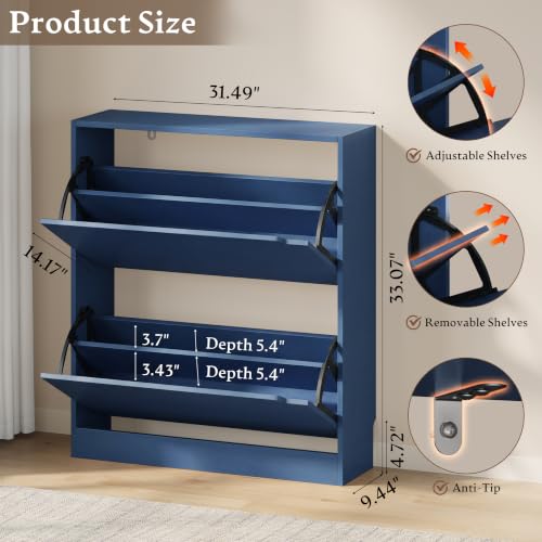 Image of BORNOON Shoe Cabinet with 2 Flip Drawers, Slim Narrow Shoe Storage Cabinet, Freestanding Shoe Organizer with Adjustable & Removable Shelves, Top Display Shelf for Entryway, Hallway, Foyer, Closet