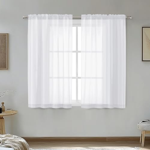 OVZME Tende trasparenti bianche lunghe 114 cm, 2 pannelli, con tasca per asta, tende in voile per piccole finestre, ognuna da 106 x 114 cm.