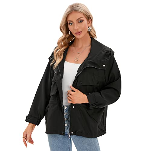 Meeuwstad Women's Casual Oversized Jacket Hooded Utility Anorak, Lightweight Batwing Sleeve Fashion Coat (L, Black) #TOP1