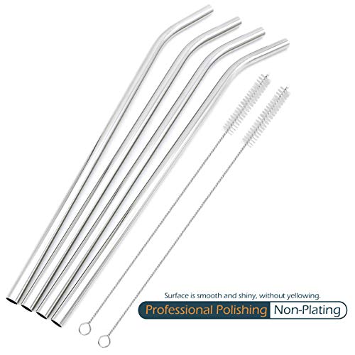 Gfdesign Big Drinking Straws Reusable 12 Inches Extra Long 9Mm Extra Wide Sus 304 Food-Grade 18/8 Stainless Steel - Set Of 4 With 2 Cleaning Brushes - Bent #TOP3