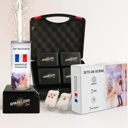SPARKLERS CLUB Confezione da 4 trigger + 5 getti di scena 3 metri 30 secondi colore argento – batteria e telecomando inclusi – getto di scena d'artificio interno a scintille per matrimonio – categoria