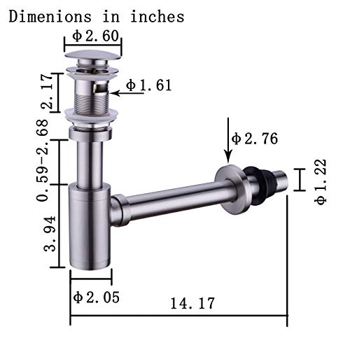 GORDEE Bathroom Sink Stopper P-Trap Complete Set Adjustable Bottle Trap Solid Brass Sink Drain Kit Tube and Pop Up Drain Stopper Set with Overflow, Brushed Nickel Silver