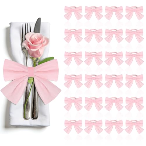 Stranthother 12 Pcs Pink Bow Napkin Rings,Wedding Napkin Rings,Velvet Bow Tie Napkin Ring Holders for Holiday Serviette,Birthday Anniversary Party Dinner Valentines Day Wedding Dining