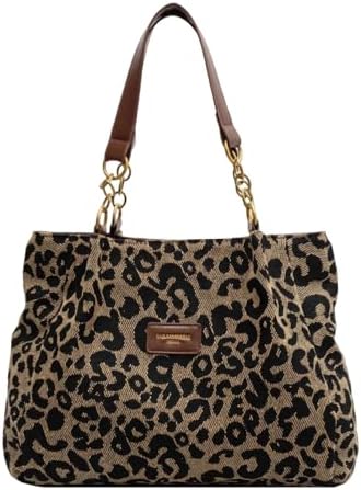 leopard cheetah print tote shoulder bag, canvas animal print chain handbag with zipper, y2k trendy fun everyday tote purses gifts for women