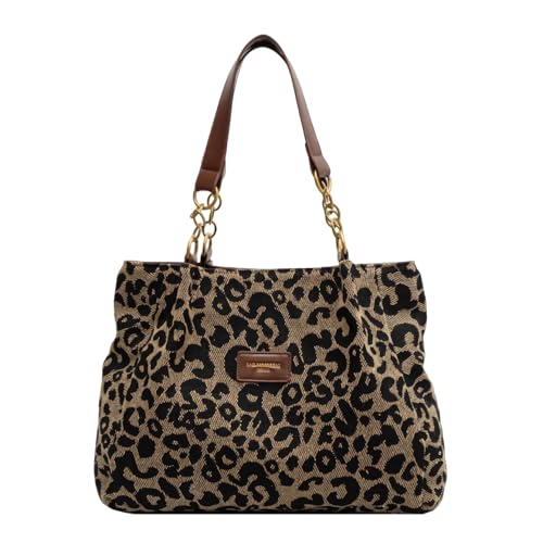 leopard cheetah print tote shoulder bag, canvas animal print chain handbag with zipper, y2k trendy fun everyday tote purses gifts for women