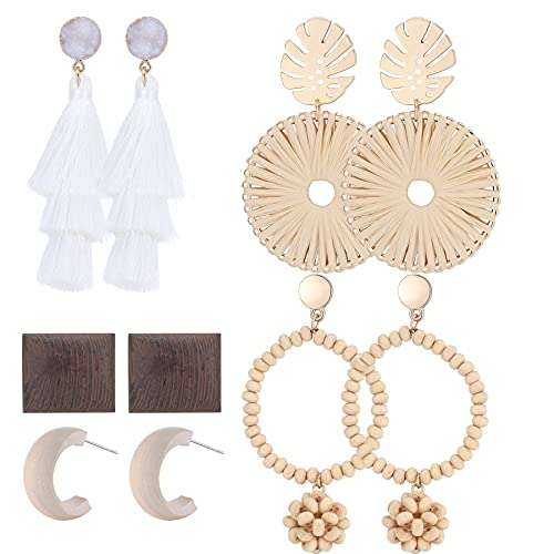 Dajieu 5/6 Pairs Handmade Rattan Wood Raffia Tassel Lightweight Bohemian Earrings Drop Dangle Earrings For Women Girls Beach Vacays Valentine Birthday Christmas Party Gifts (Boho#1-5Pairs) #TOP1