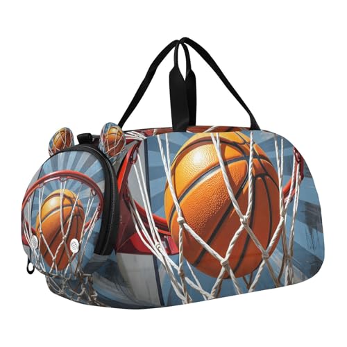 Gym Travel Duffle Bag for Boys Girls Retro Basketball Hoop Sports Dance Bag with Shoe Compartment & Wet Pocket Football Kids Travel Bag Teens Sleepover Carry
