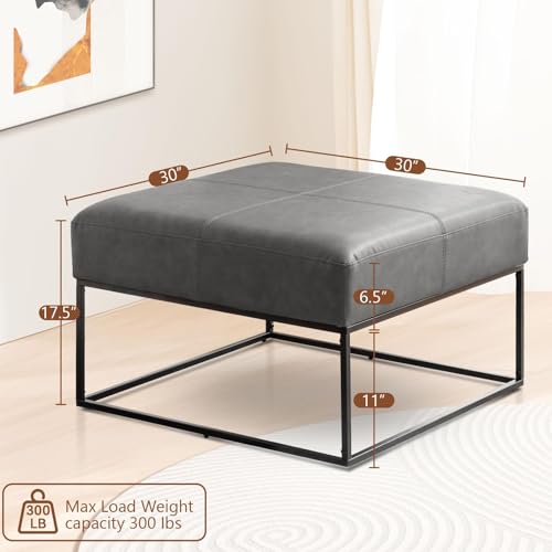 Image of Modern Square Coffee Table, Farmhouse Ottoman for Living Room, Large Vintage Leather Coffee Tables with Leather Upholstered Padded Seat [Square, Vintage Gray, 30'']