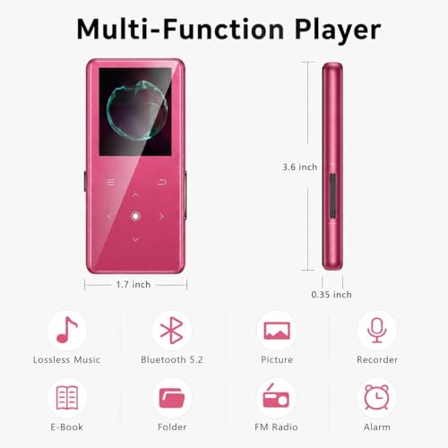 Image of 64GB MP3 Player with Bluetooth 5.2, Music Player with Built-in HD Speaker, FM Radio, Voice Recorder, HiFi Sound, E-Book Function, Rose Red