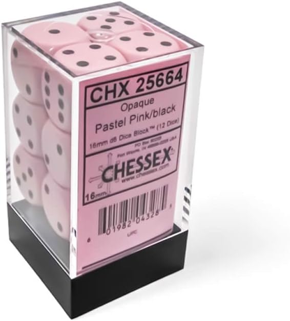 Pink Pastel D6 Dice with Black Pips 16mm (5/8in) Pack of 12 Dice Chessex