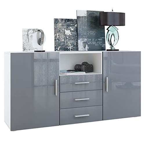 Vladon Cajonera Skadu, Cómoda con 2 Puertas, 3 Cajones y 1 Compartimento Abierto, Blanco Mate/Gris de Alto Brillo (139 x 72 x 35 cm)