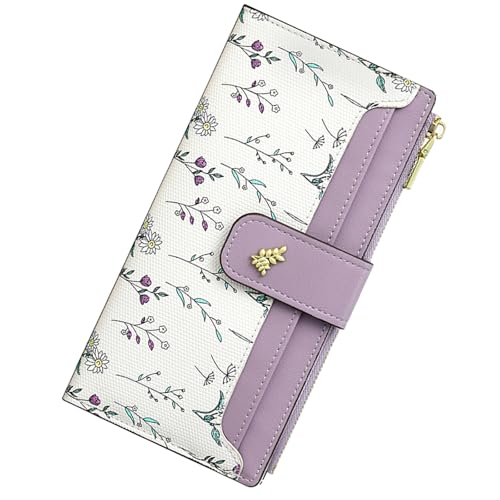 Image of Small Wallets for Women Leather Bifold Zipper Pocket Wallet Cute Flower Credit Card Holder Coin Purse with ID Window
