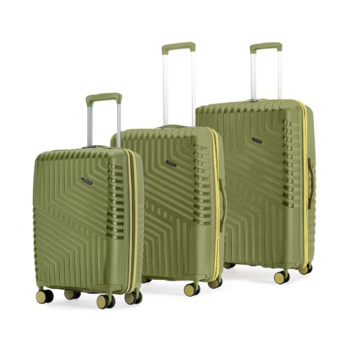 Image of Core Set of 3 Trolley Bags Cabin + Medium + Large Polypropylene Hard Suitcase, 8 Spinner Wheels, Recessed Number Lock, Luggage for Men & Women Moss Green /Lunar Yellow