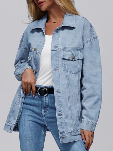 AUTOMET Women's Oversized Jeans Jacket, Classic Button Down Denim Jacket with Chest Pockets, Loose Fit Boyfriend Style Coat LightBlue S