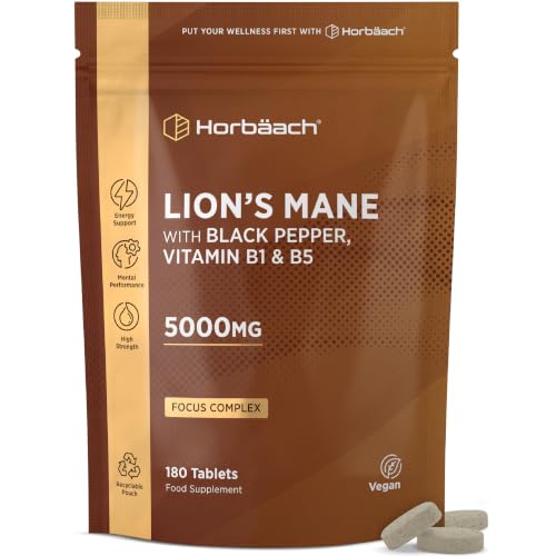 Lions Mane Supplement 5000mg with Vitamin B1 B5 & Black Pepper | Focus Complex & Mental Performance Supplement | Lions Mane Mushroom 12:1 Extract | 180 Vegan Tablets | by Horbaach