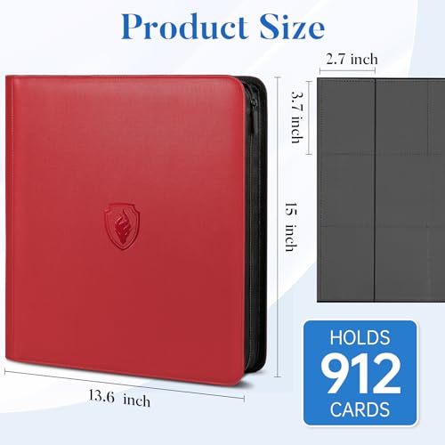 Image of Premium Zip Card Binder 12 Pocket, Fabmaker 912 Pockets Trading Card Binder, PU Zipper Card Collection Album, Sturdy Side-Loading Card Book Holder for Game & Sports Cards, Red