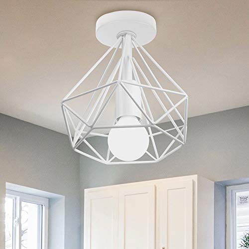 STOEX Plafonnier Industrielle Vintage en Métal LED E27 Cage forme Diamant 20cm pour Salle à Manger,Bar,Chambre,Cuisine et Salon (Blanc)