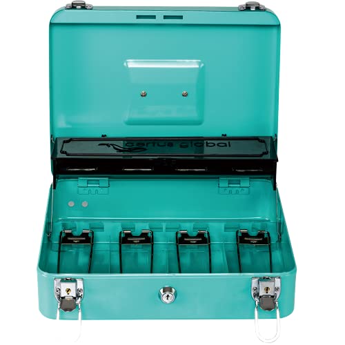 Certus Global Large Turquoise Cash Box With Money Tray, Secure Lock, Cantilever Coin Tray 4 Bills/ 5 Coins (Turquoise) #TOP2