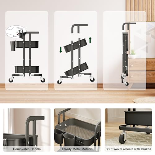 Image of DTK 2 Tier Foldable Rolling Cart, Metal Utility Cart with Lockable Wheels, Folding Storage Trolley for Living Room, Kitchen, Bathroom, Bedroom and Office, Black