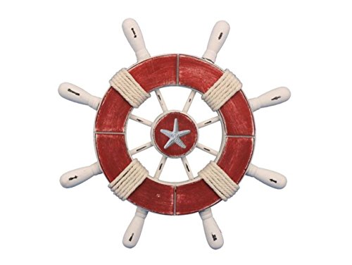 Hampton Nautical Wheel-9-110-starfish Rustic Decorative Ship Wheel with Starfish, 9", Red/White