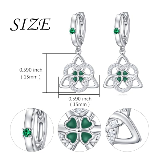 DAOCHONG Four Leaf Clover Earrings Shamrock Earrings Dangle Earrings Cz Huggie Hoop Earrings for Women Sterling Silver Celtic Knot Green Irish Jewelry