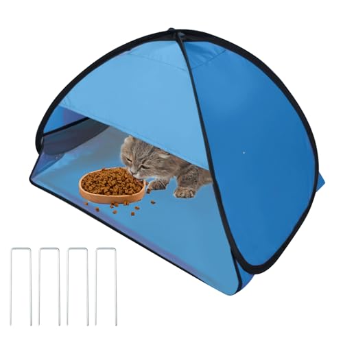 Outdoor Cat Feeding Station, 31.5 x 19.7 x 21.7 Inch Large Outdoor Pet House with Ground Nails for Fixing, Foldable Stray Cat Shelter for Feral/Community Cats, Small Dogs and Rabbits (Blue)