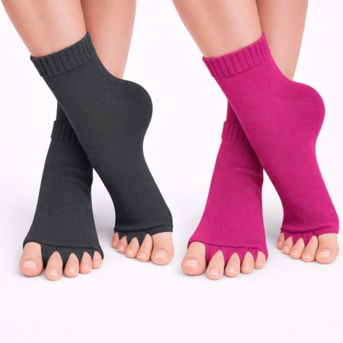 Image of Foot Alignment Orthopedic Cotton Socks for Men & Women | Five Toe Separator | Foot Pain Relief | Bunion Corrector | Plantar Fasciitis Support | Free Size | DarkGray-Maroon |2 Pair | UK8-11